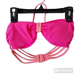 *Pink Victoria's Secret Y2K Pink Cage Back Bow Front Strapless Halter Bikini Top